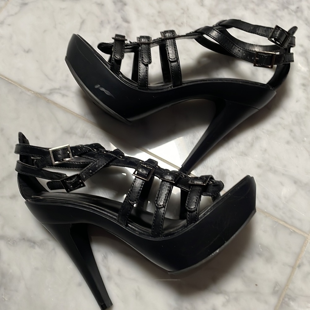 Black strappy open toe heels size 6.5. Brand delicious